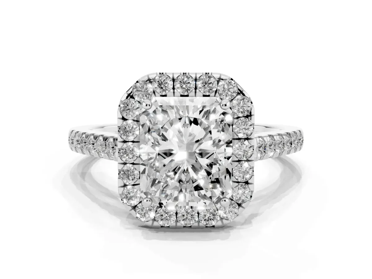 Radiant Cut Halo Pave Diamond Engagement Ring with Four-Prong Setting Silver