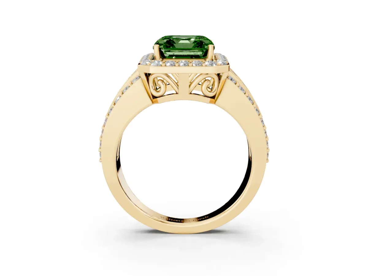 Fancy Green Asscher Cut Halo Diamond Ring with Round Split Shank and Prong Setting Yellow gold