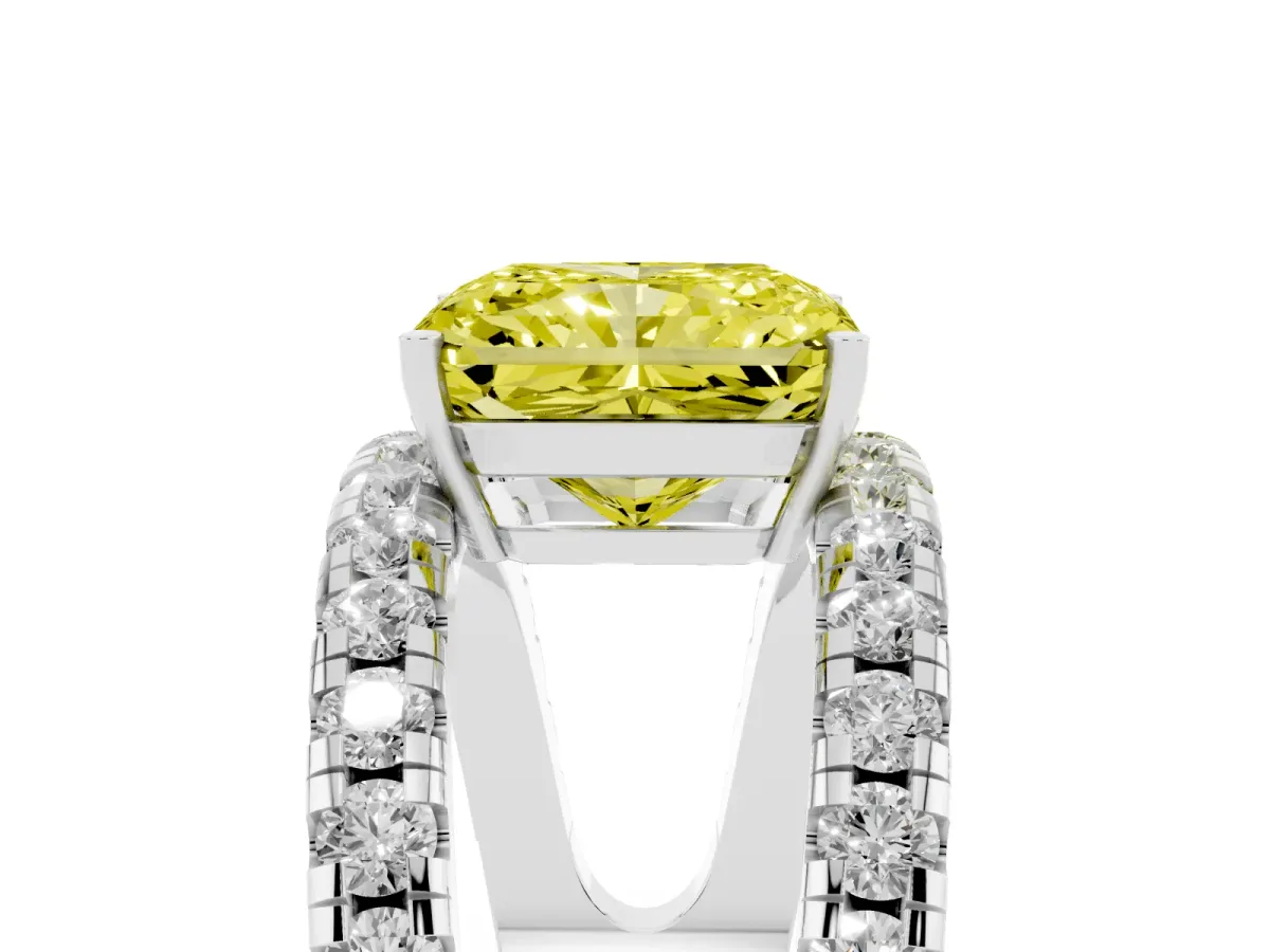 Fancy Yellow Radiant Cut Solitaire Split Shank Pave Diamond Ring Platinum
