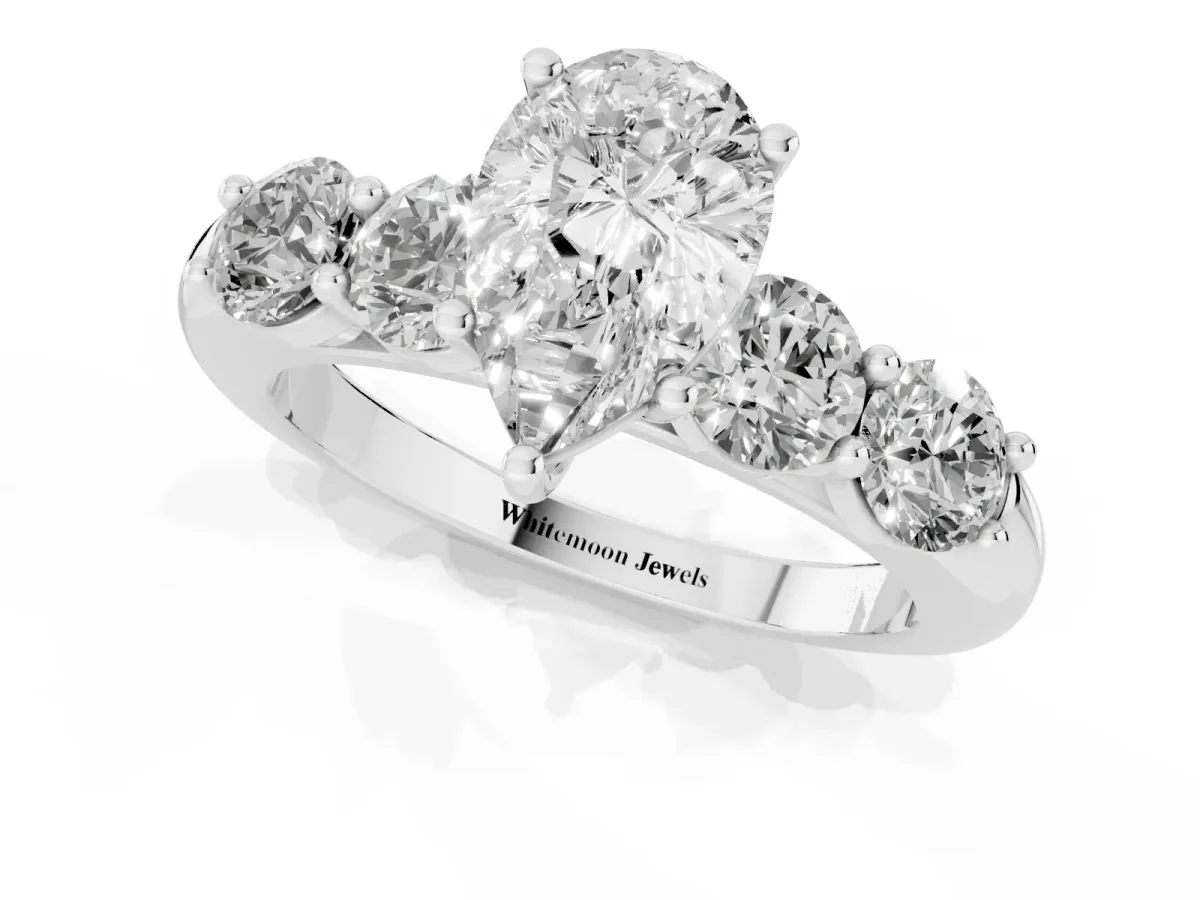 Pear Cut Cut Five-Stone Prong Set Diamond Ring with Classic Band White gold