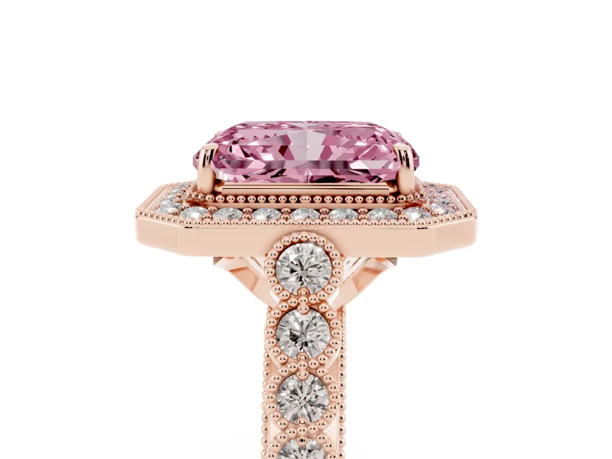 Fancy Pink Radiant Cut Halo Milgrain Solitaire with Bezel Set Side Stones and Pave Band Rose gold