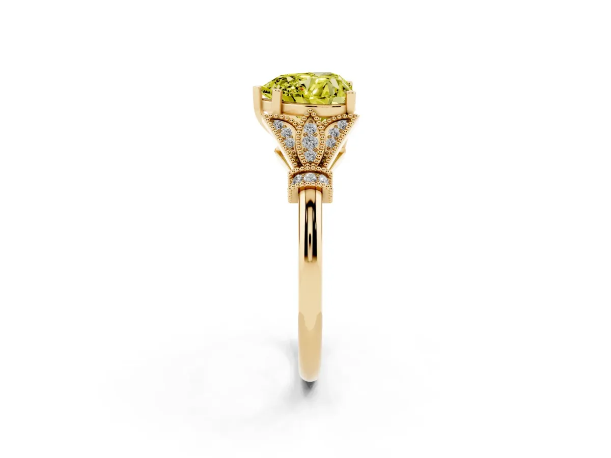 Fancy Yellow Heart Cut Diamond Solitaire Ring with Floral Filigree and Pave Accents Yellow gold