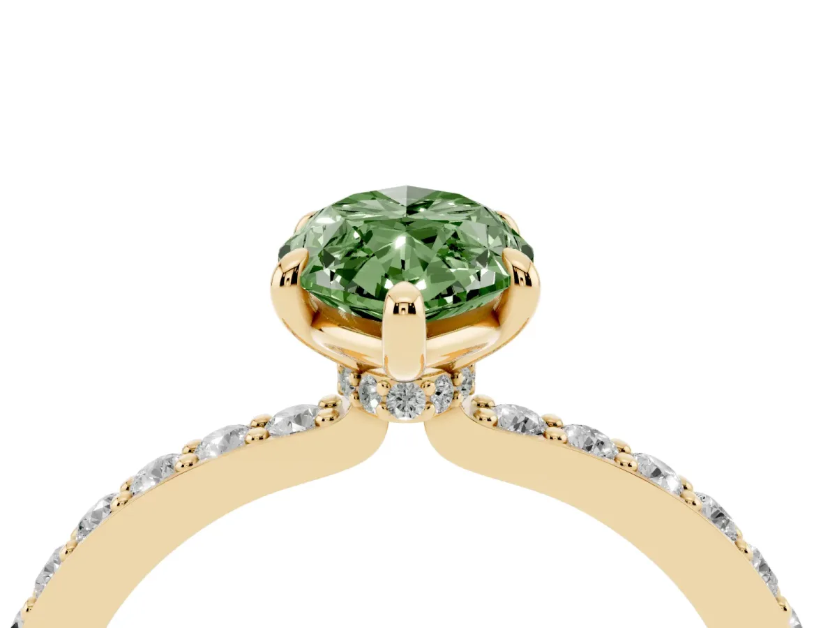 Fancy Green Marquise Cut Diamond Pavé Engagement Ring with Round Accents and Prong Setting Yellow gold