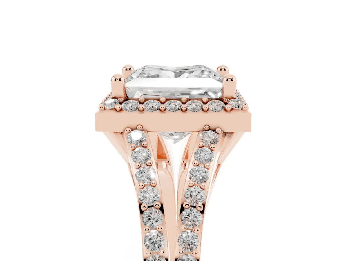 Princess Cut Halo Split Shank Diamond Ring with Prong Setting Rose gold