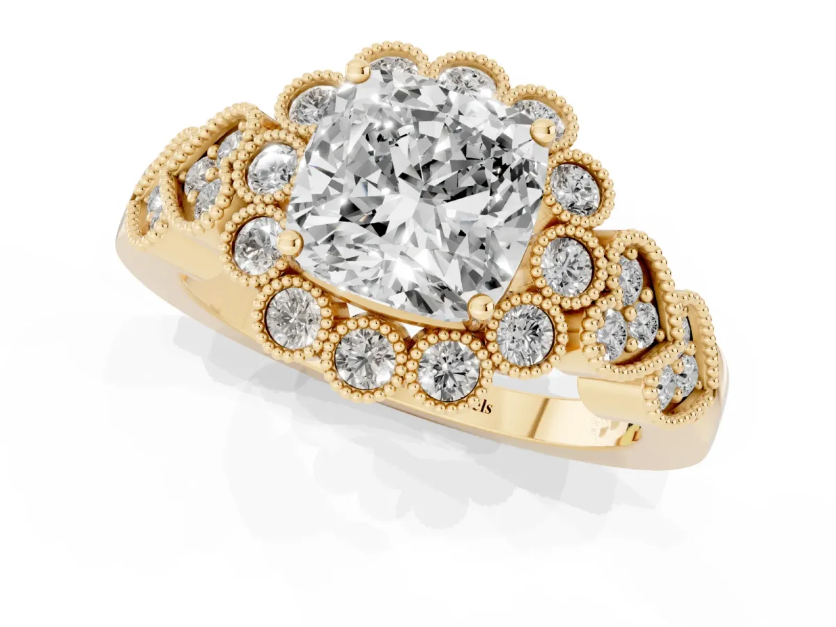Cushion Cut Brilliant Milgrain Pave Heart Band Solitaire Ring Yellow gold