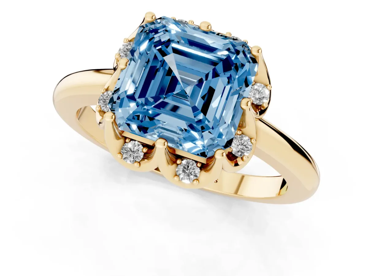 Fancy Blue Asscher Cut Halo Diamond Ring with Round Cluster Setting, Solitaire Band, and Four-Prong Setting Yellow gold