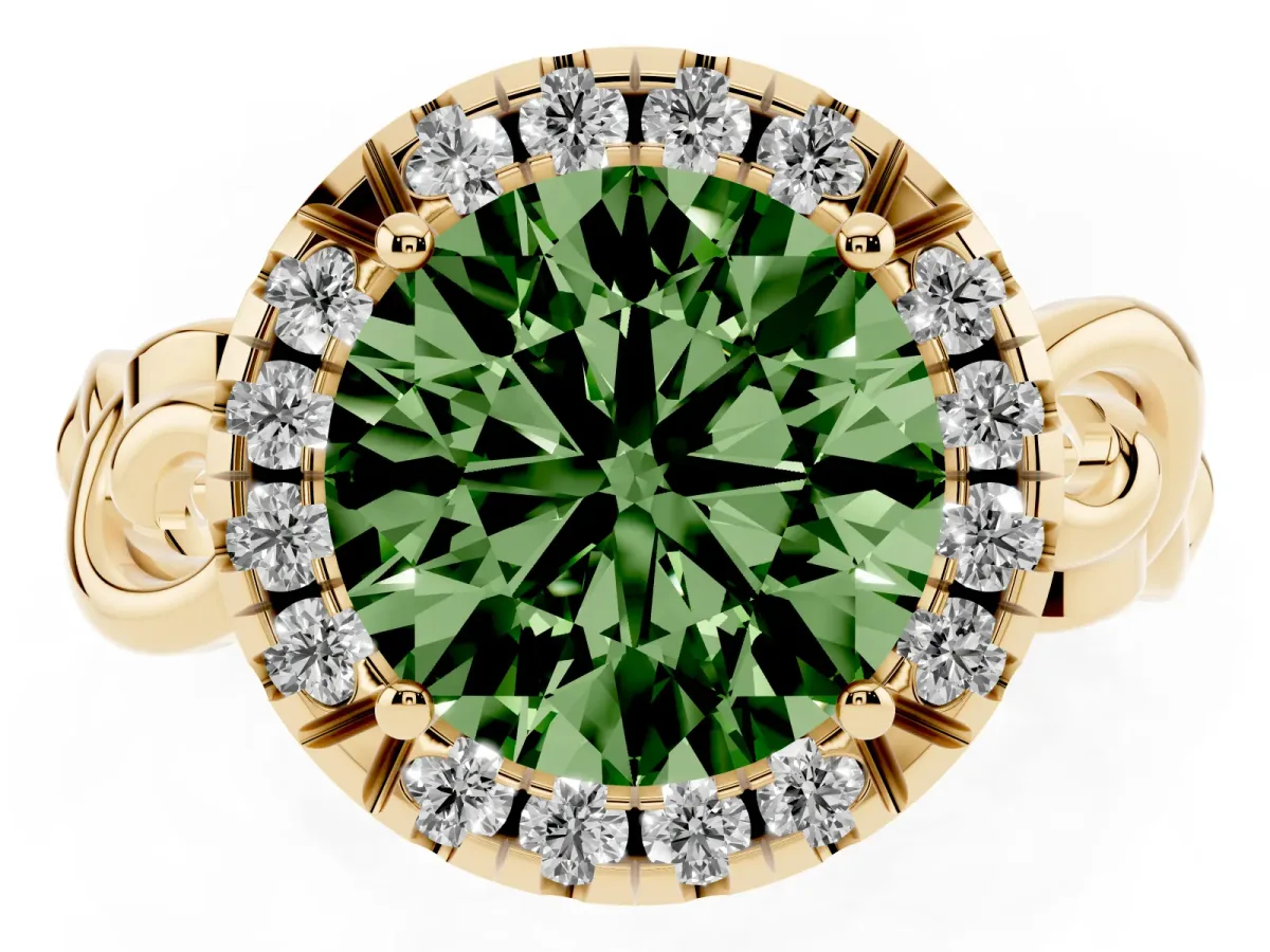 Fancy Green Round Cut Cut Halo Diamond Ring with Scrollwork Band and Four-Prong Setting Yellow gold