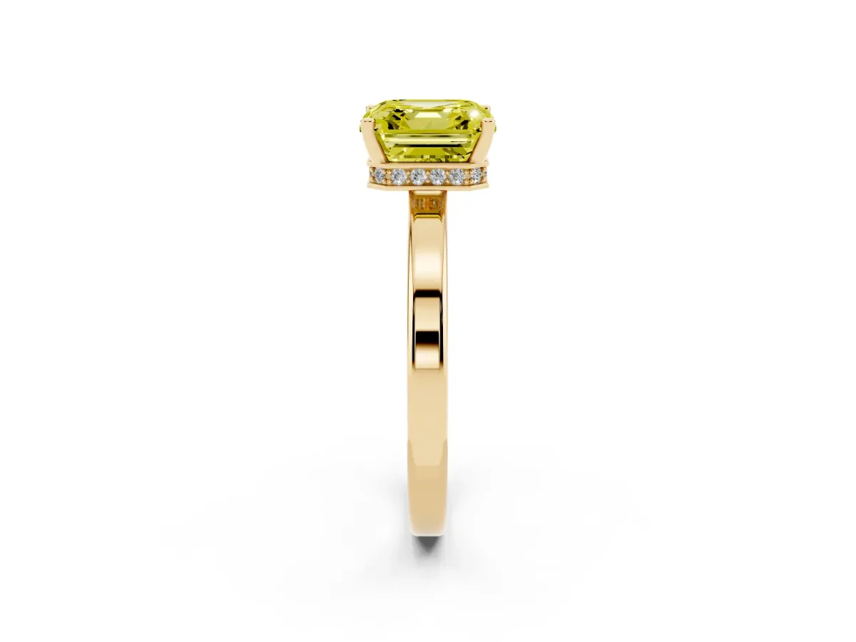 Fancy Yellow Asscher Cut Cut Solitaire Engagement Ring with Four-Prong Setting on a Classic Band Yellow gold