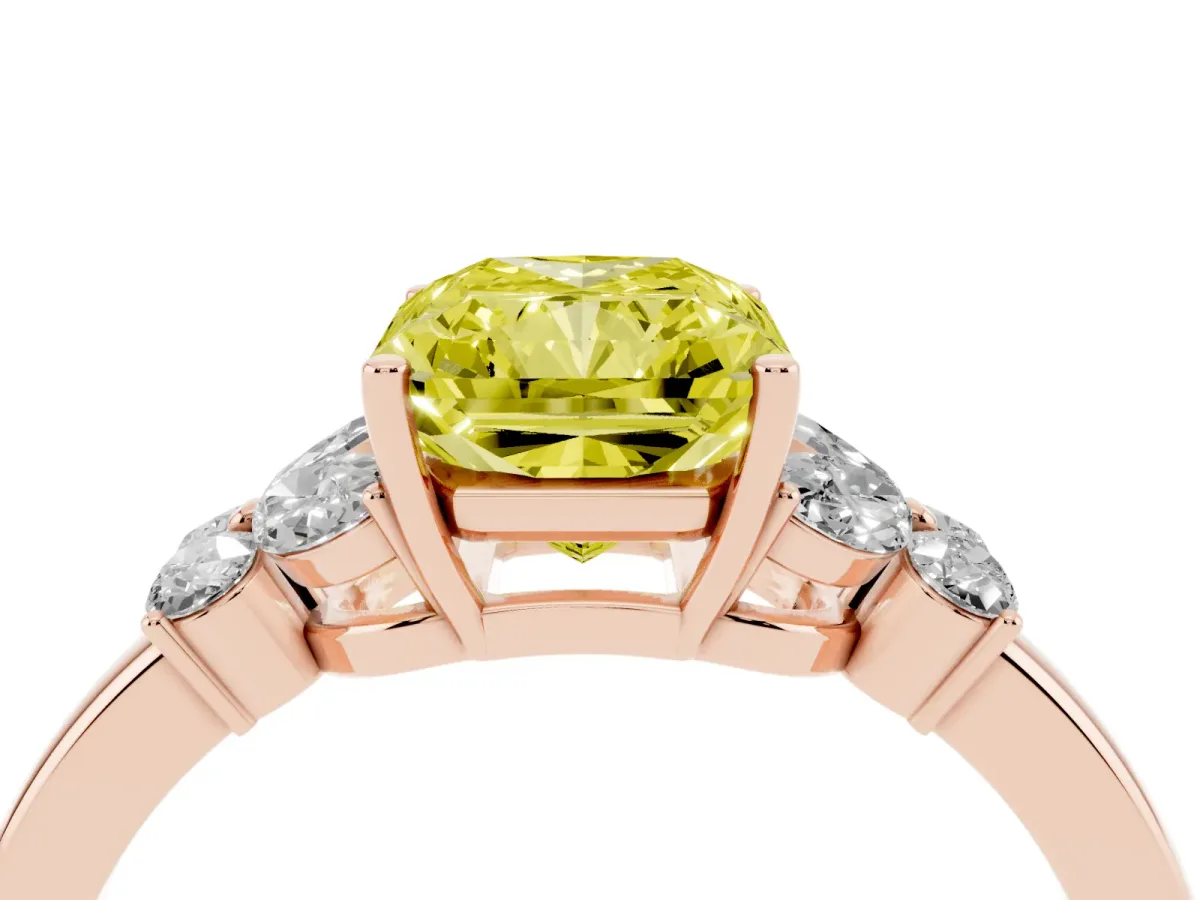 Fancy Yellow Radiant Cut Cut Solitaire Floral Diamond Ring with Four-Prong Setting Rose gold