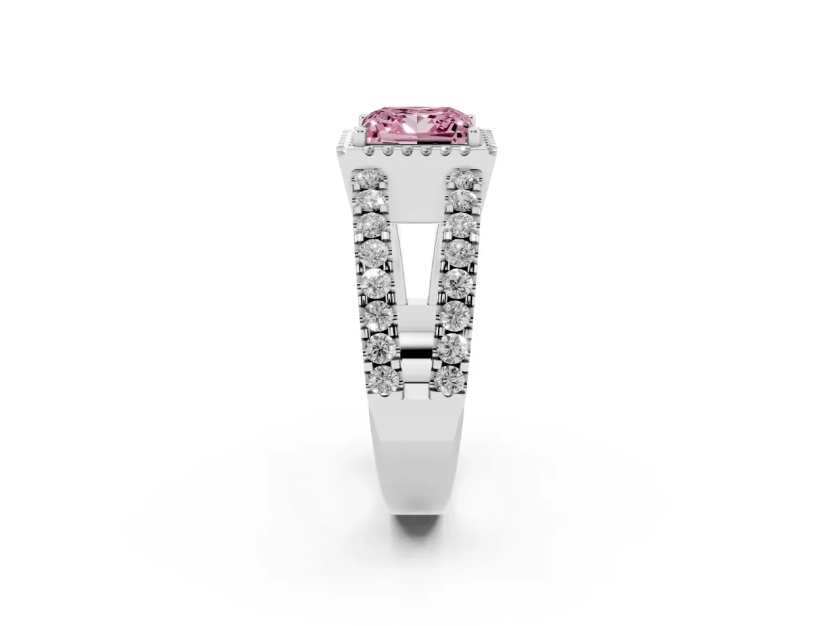 Fancy Pink Princess Cut Cut Halo Split Shank Diamond Ring with Four-Prong Setting Platinum