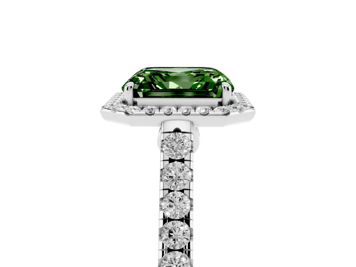 Fancy Green Asscher Cut Halo Pave Diamond Engagement Ring with Four-Prong Setting Platinum