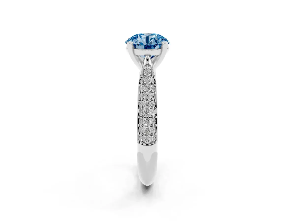 Fancy Blue Round Cut Diamond Solitaire Engagement Ring with Multi-Row Round Pavé Band and Prong Setting Silver