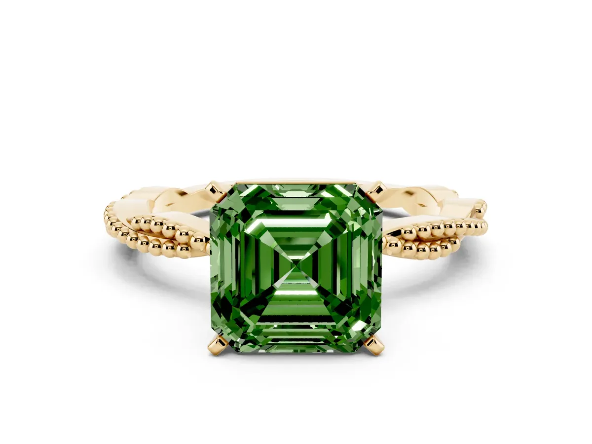 Fancy Green Asscher Cut Solitaire Twisted Band with Bead Prong Setting Yellow gold