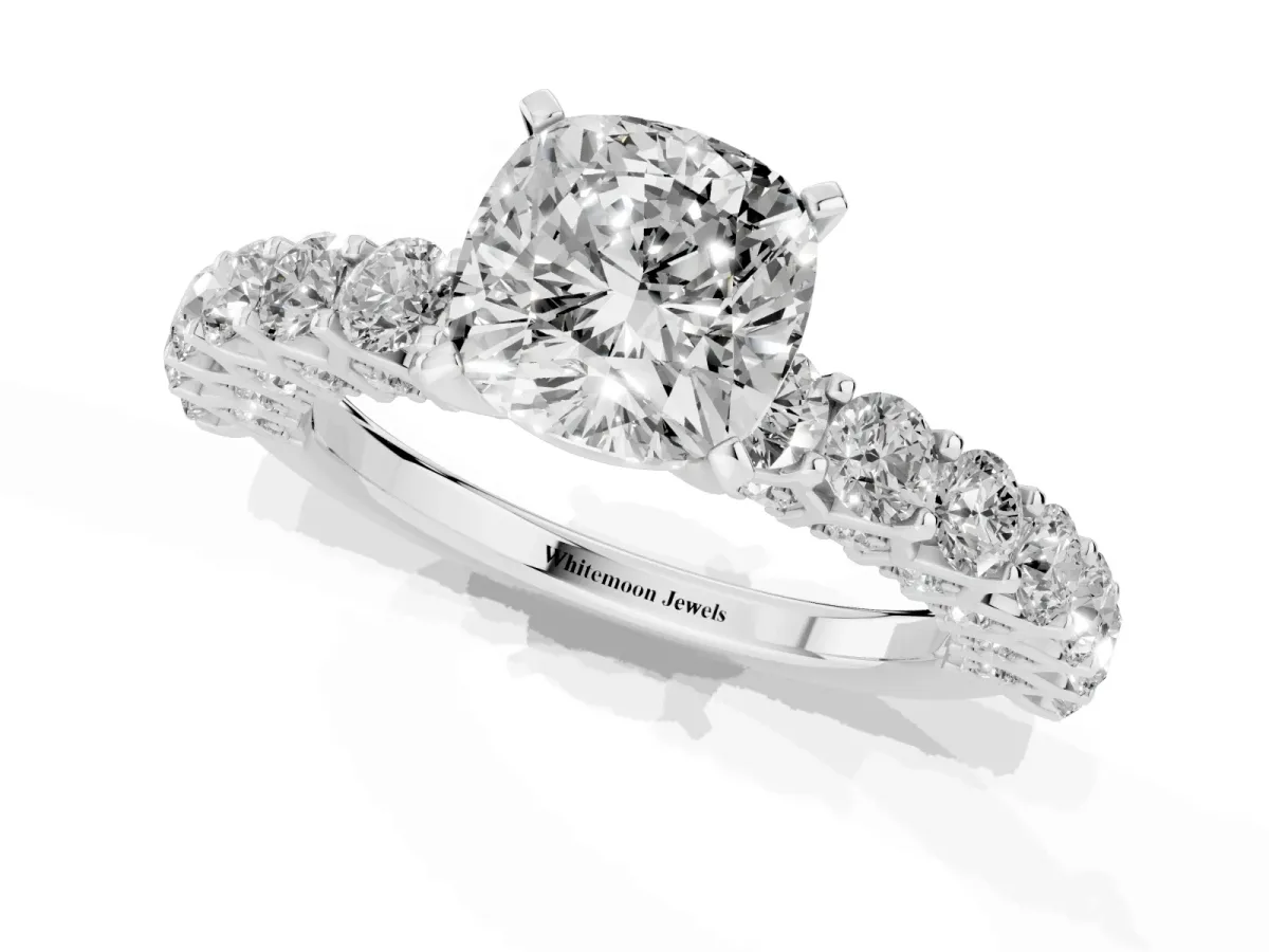 Cushion Cut Diamond Solitaire Ring with Shared Prong Pavé Band and Four-Prong Setting Silver