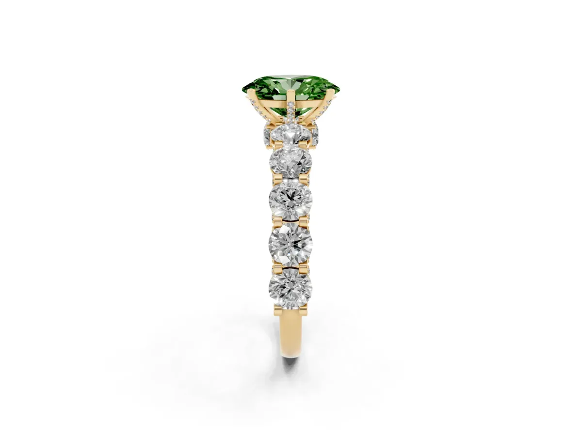 Fancy Green Oval Cut Diamond Side Stone Engagement Ring with Four-Prong Setting Yellow gold