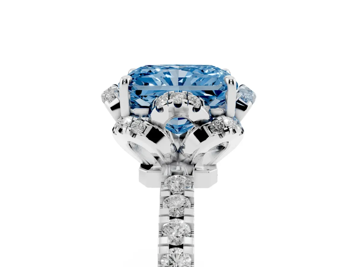 Fancy Blue Radiant Cut Diamond Halo Pave Band with Four-Prong Setting Silver