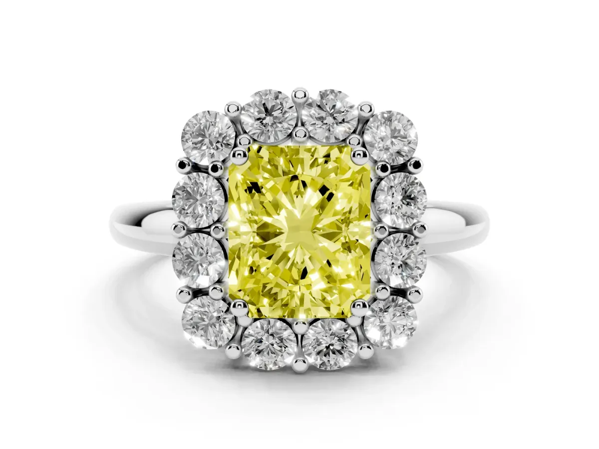 Fancy Yellow Radiant Cut Halo Cluster Diamond Engagement Ring with Prong Setting and Polished Band Platinum