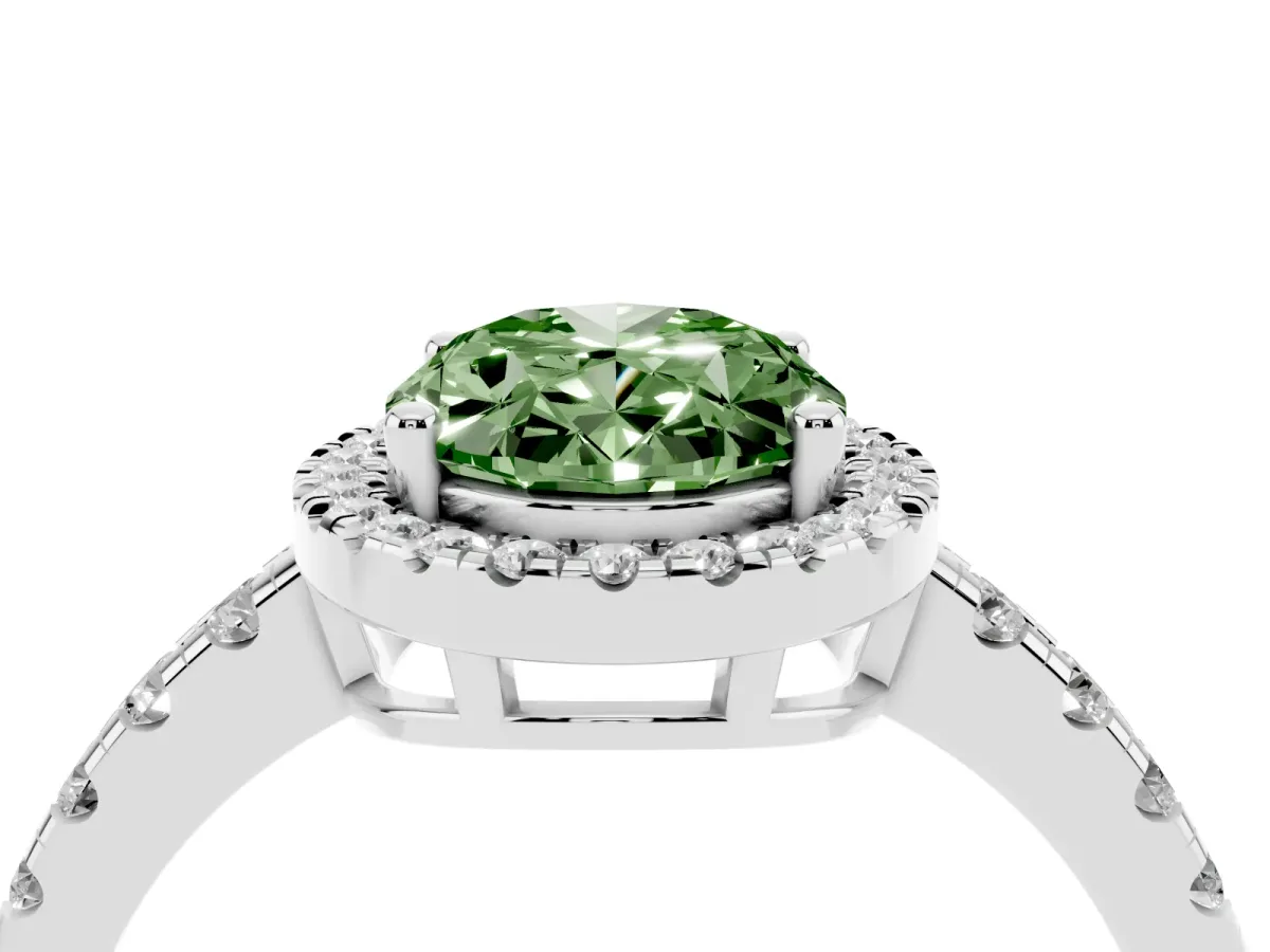 Fancy Green Oval Cut Diamond Halo Ring with Pavé Band and Four-Prong Setting Platinum