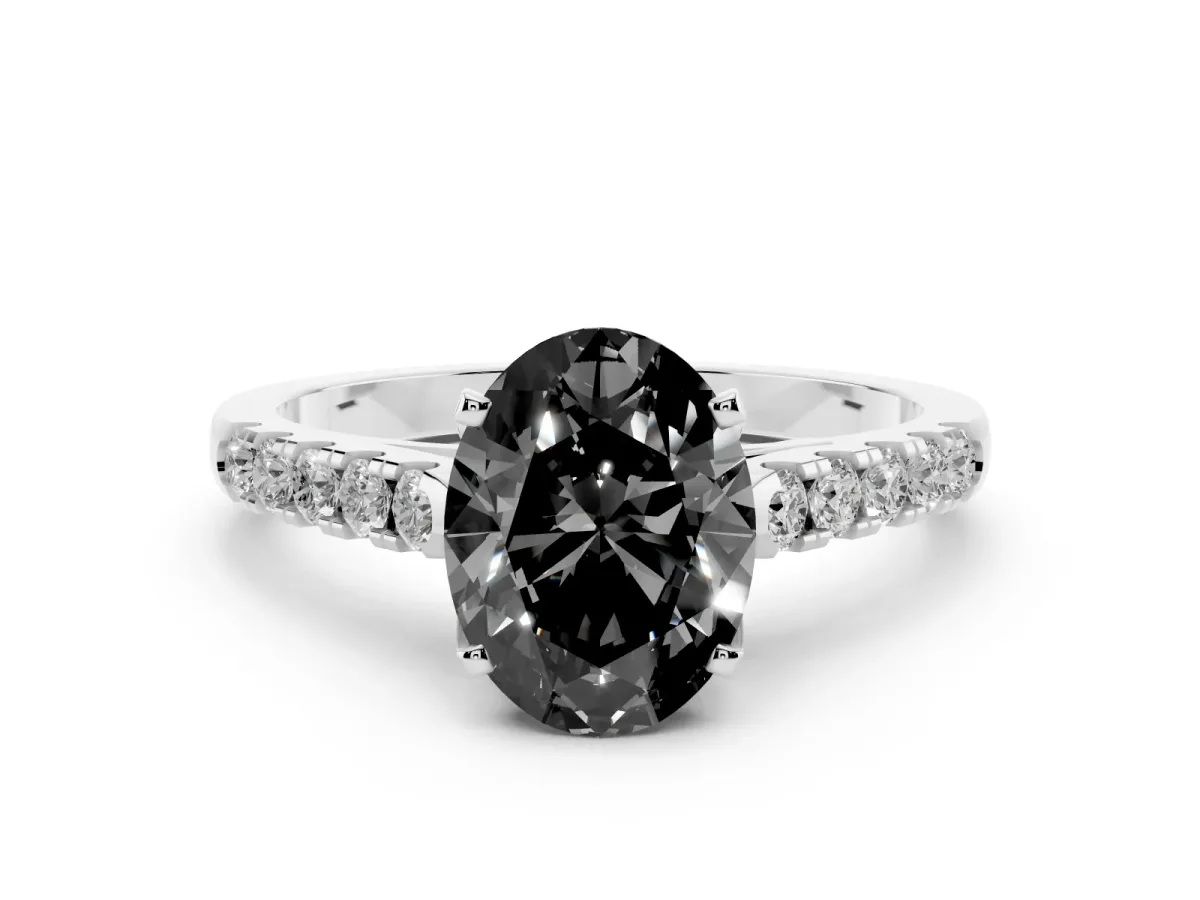 Fancy Black Oval Cut Diamond Pavé Band Solitaire Ring with Prong Setting Silver