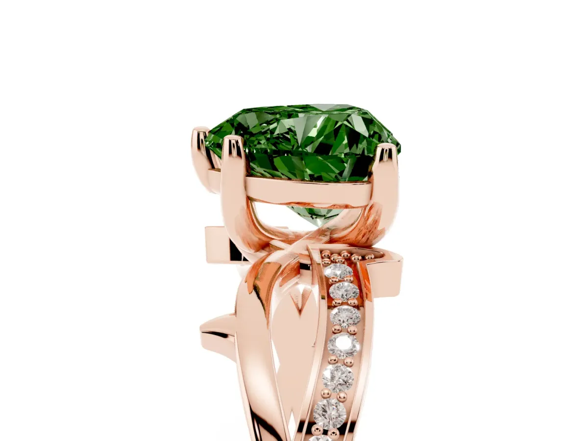 Fancy Green Heart Cut Solitaire Twist Band with Pavé Accents and Four-Prong Setting Rose gold