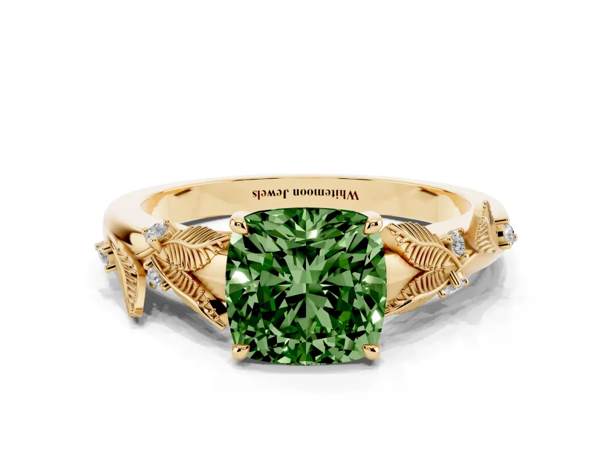 Fancy Green Cushion Cut Diamond Solitaire Ring with Leaf Motif Band and Four-Prong Setting Yellow gold