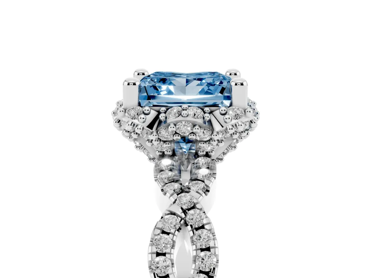Fancy Blue Princess Cut Halo Twist Band Solitaire Ring with Six-Prong Setting Platinum