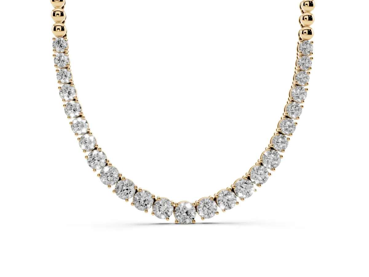 Round Diamond Tennis Necklace with Prong Setting and Bead Chain Yellow gold