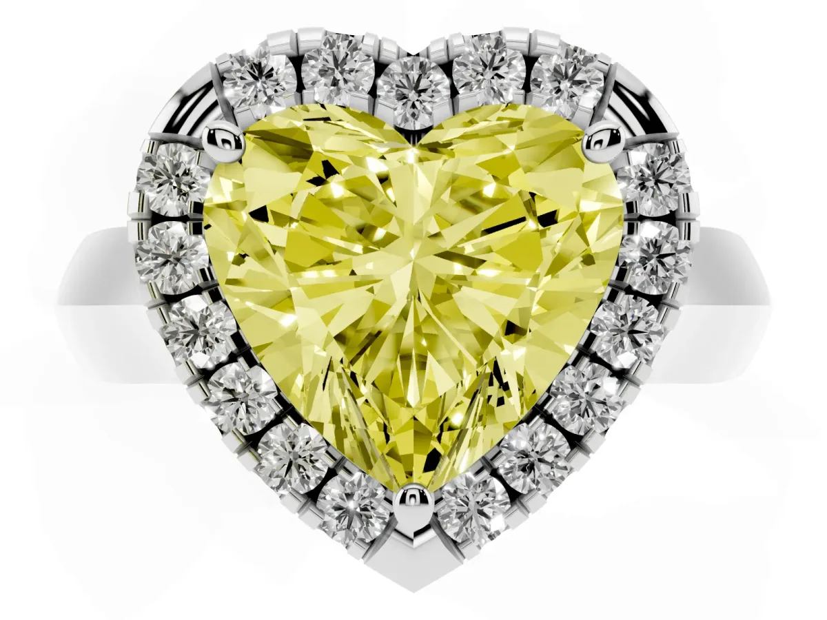 Fancy Yellow Heart Cut Cut Halo Solitaire Engagement Ring with Square Band and Four-Prong Setting White gold