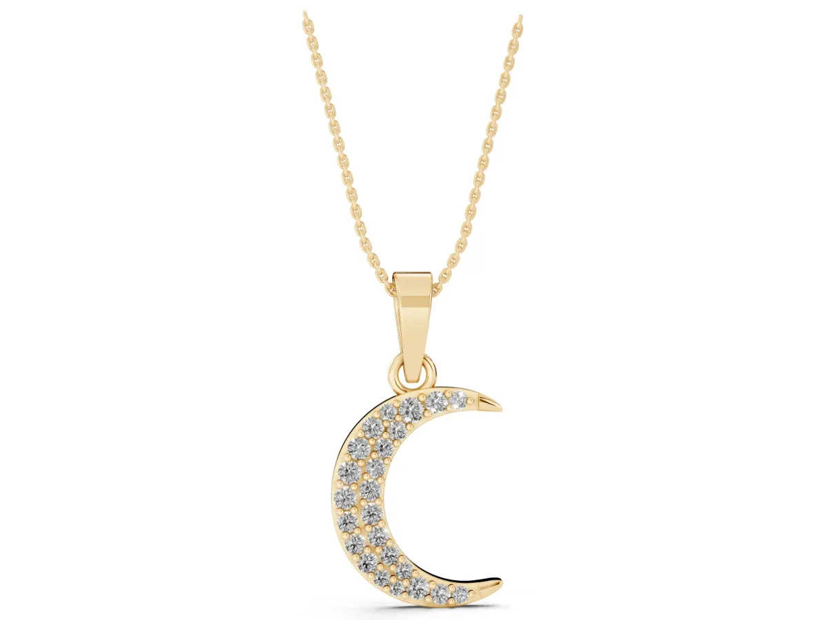 Pavé Round Diamond Crescent Pendant with Four-Prong Setting Yellow gold