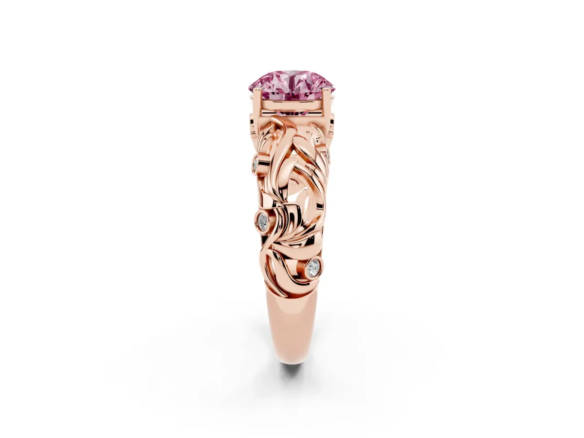 Fancy Pink Round Cut Solitaire Diamond Leaf-Inspired Vine Band Ring with Prong Setting Rose gold