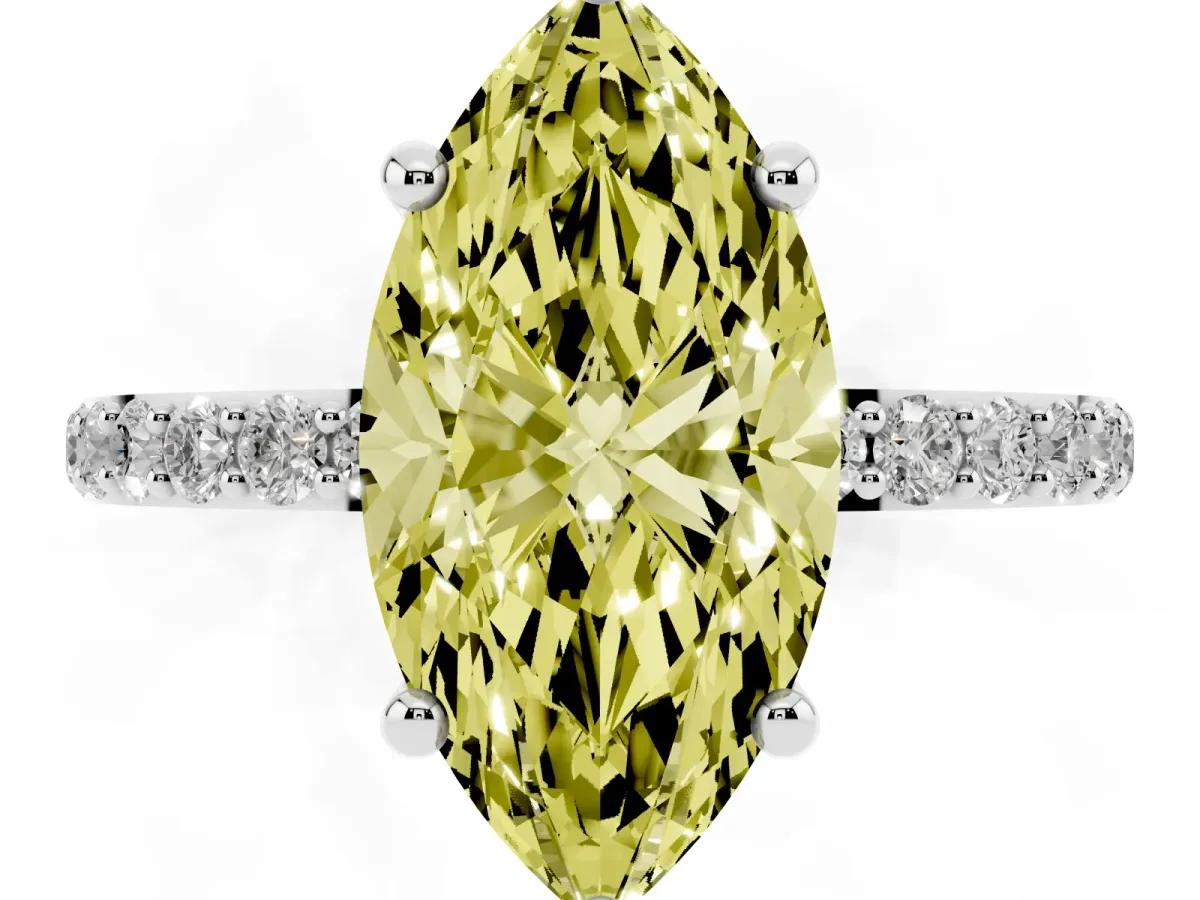 Fancy Yellow Marquise Cut Diamond Solitaire Ring with Round Pavé Band and Prong Setting Silver