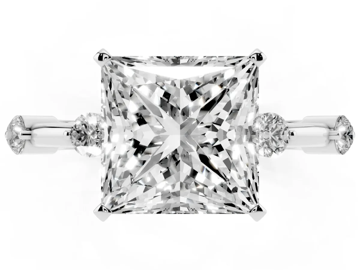 Princess Cut Solitaire Diamond Ring with Bezel Set Side Stones and Prong Setting Silver
