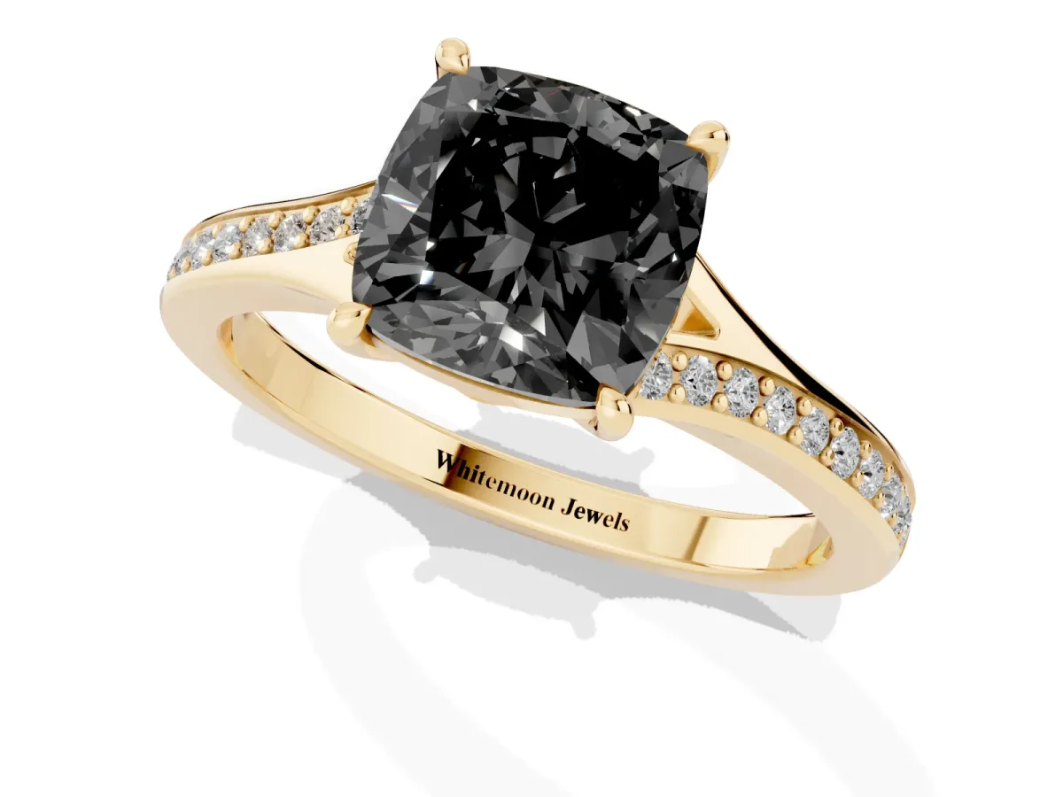 Fancy Black Cushion Cut Diamond Solitaire Ring with Pavé Band and Prong Setting Yellow gold