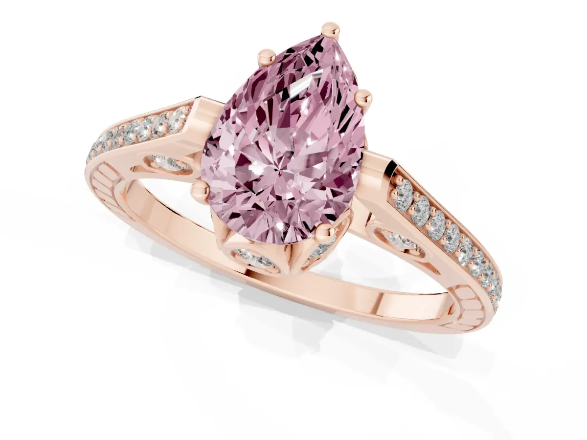 Fancy Pink Pear Cut Cut Cathedral Pave Diamond Engagement Ring with Six-Prong Setting Rose gold