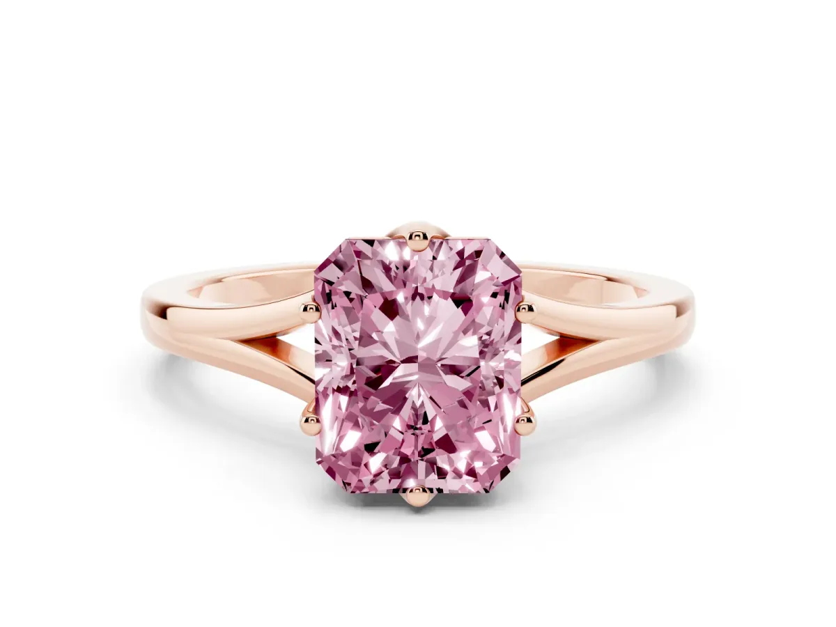 Fancy Pink Radiant Cut Solitaire Diamond Ring with Six-Prong Setting and Tapered Band Rose gold