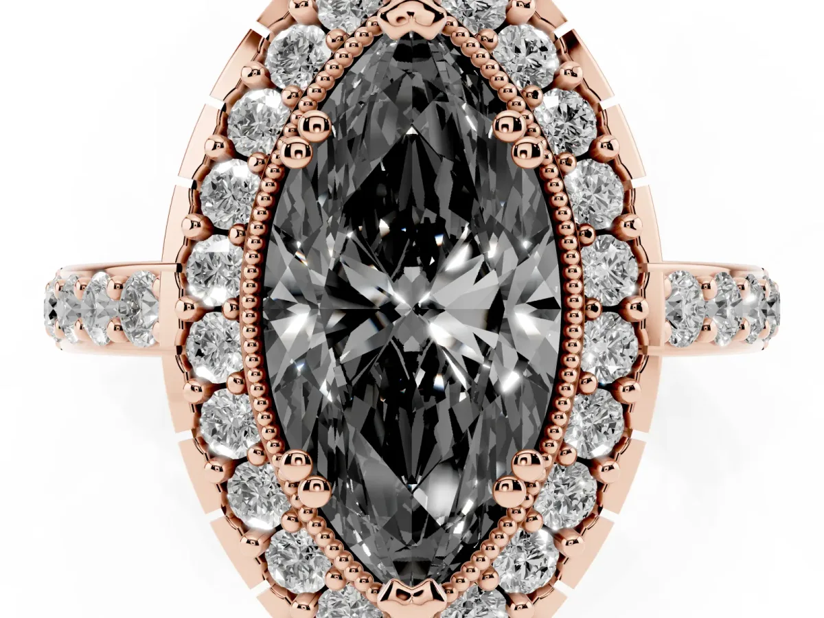 Fancy Black Marquise Cut Diamond Halo Ring with Pavé Band and Prong Setting Rose gold
