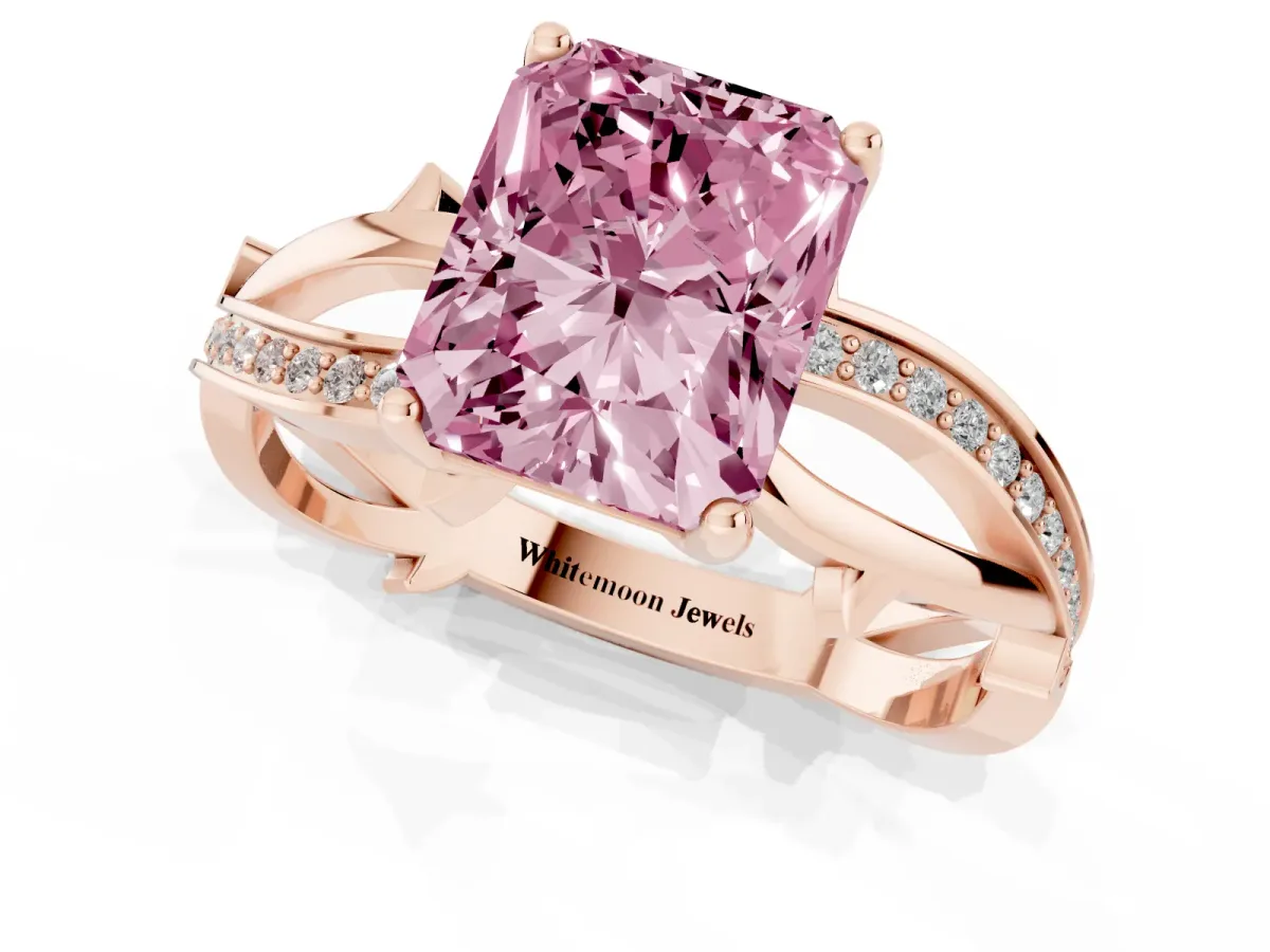 Fancy Pink Radiant Cut Solitaire Twist Band with Pavé Accents and Four-Prong Setting Rose gold