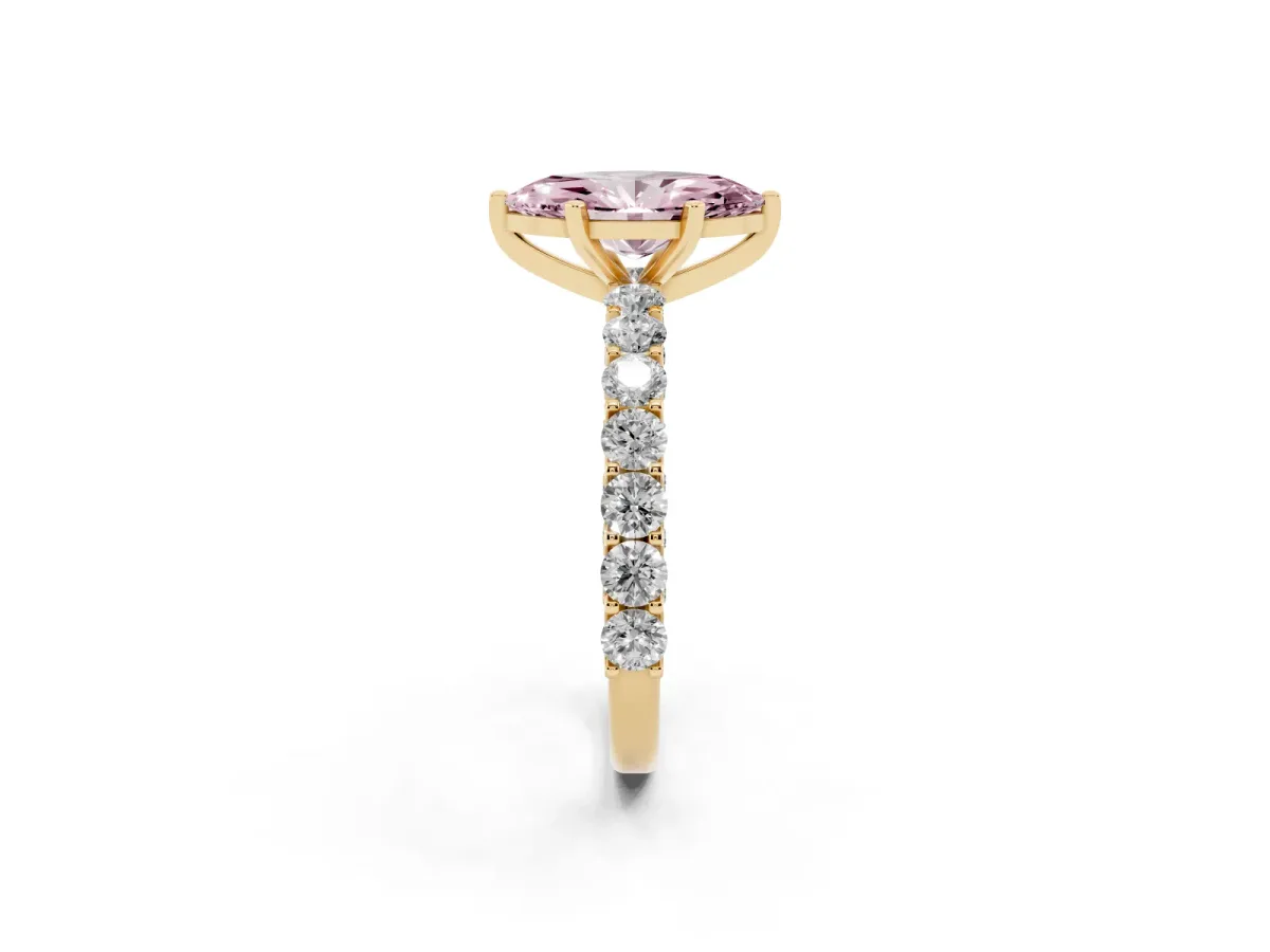 Fancy Pink Marquise Cut Diamond Solitaire Ring with Shared Prong Pavé Band and Four-Prong Setting Yellow gold