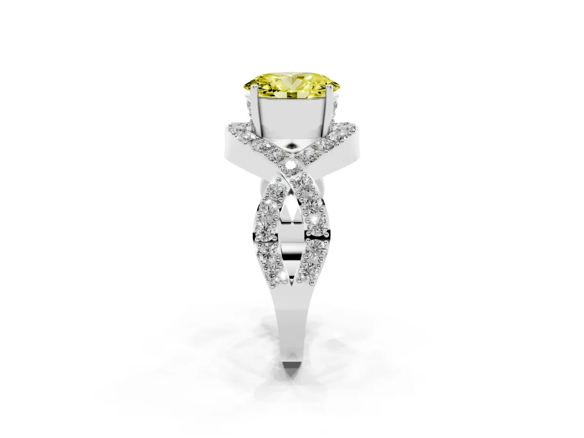 Fancy Yellow Oval Cut Solitaire Twist Band Pavé Diamond Engagement Ring Silver