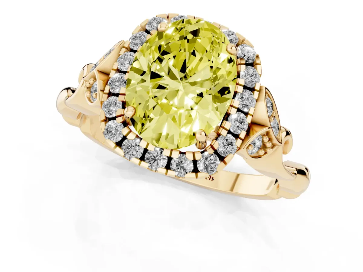 Fancy Yellow Oval Cut Halo Diamond Engagement Ring with Vintage-Inspired Band and Four-Prong Setting Yellow gold
