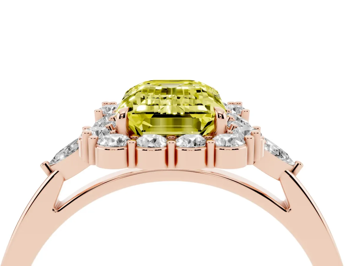 Fancy Yellow Emerald Cut Diamond Halo Ring with Pear Side Stones and Prong Setting Rose gold