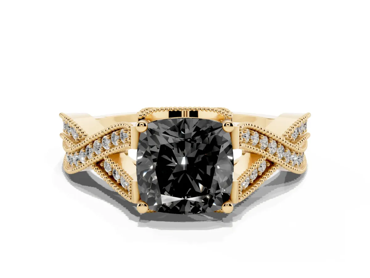 Fancy Black Cushion Cut Cut Diamond Twisted Band with Milgrain Pave Setting and Four-Prong Setting Yellow gold