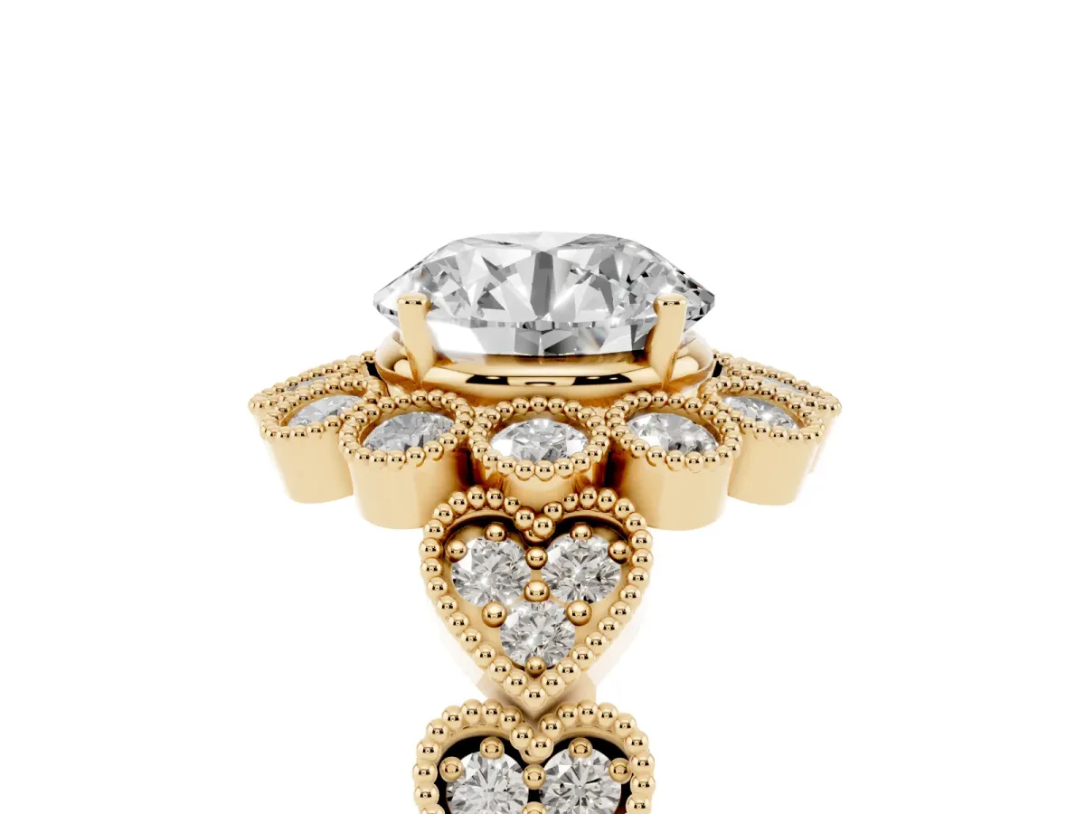 Round Cut Brilliant Milgrain Pave Heart Band Solitaire Ring Yellow gold