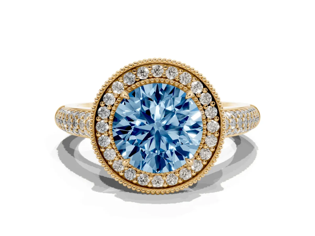 Fancy Blue Round Cut Cut Halo Diamond Pave Band with Four-Prong Setting Yellow gold