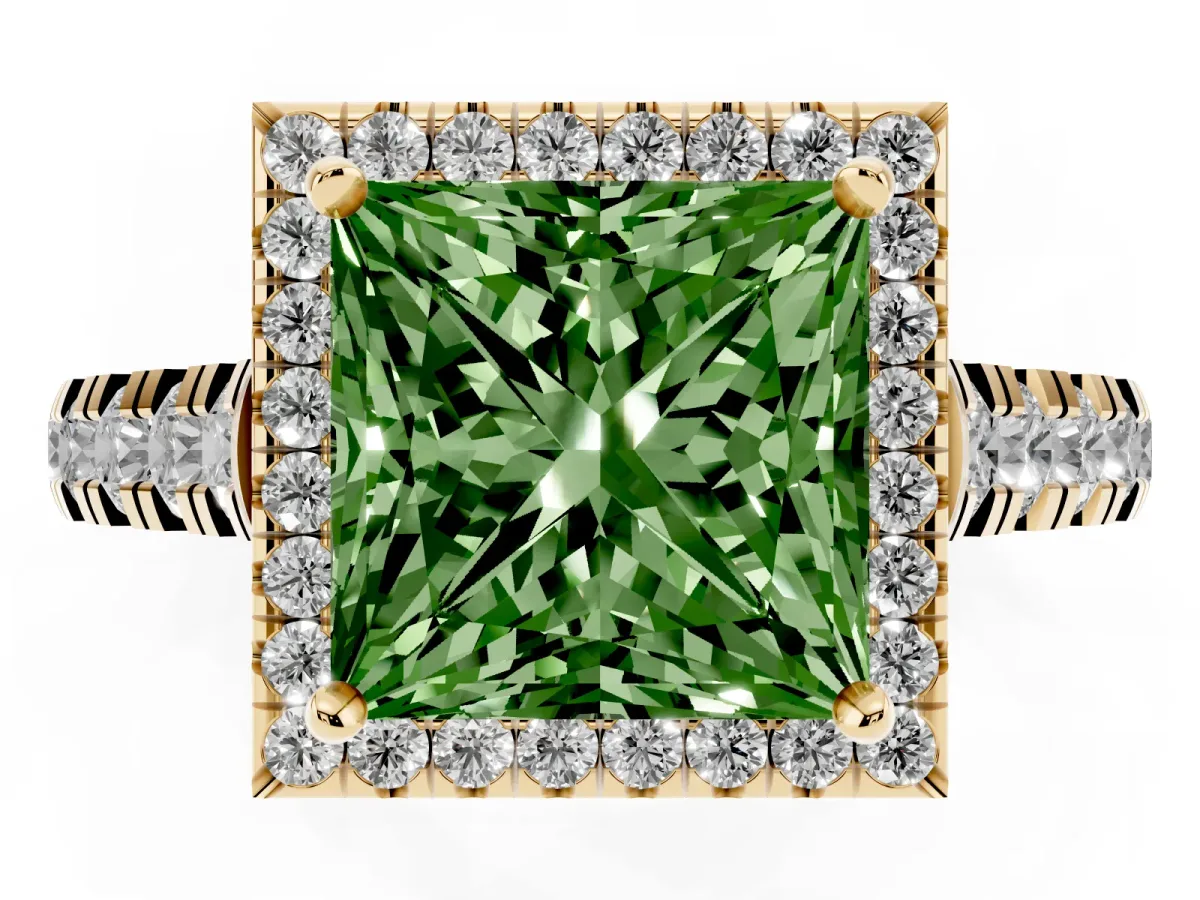 Fancy Green Princess Cut Halo Pavé Diamond Engagement Ring with Four-Prong Setting Yellow gold