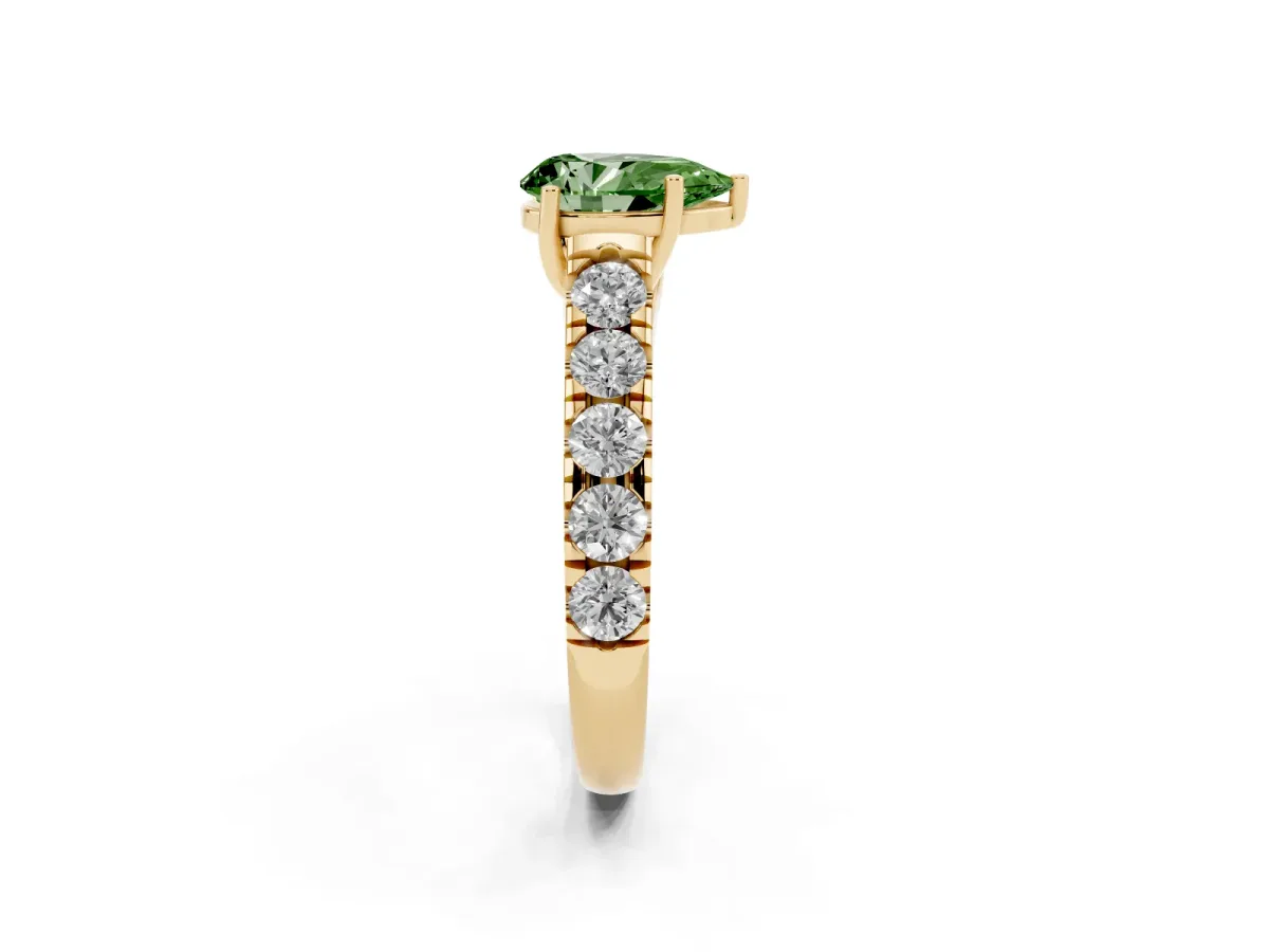 Fancy Green Pear Cut Cut Diamond Solitaire Ring with Micro Pave Band and Prong Setting Yellow gold