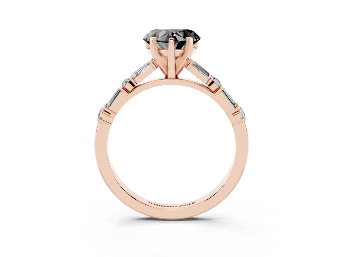 Fancy Black Heart Cut Diamond Solitaire with Side Baguettes and Channel Set Band Rose gold