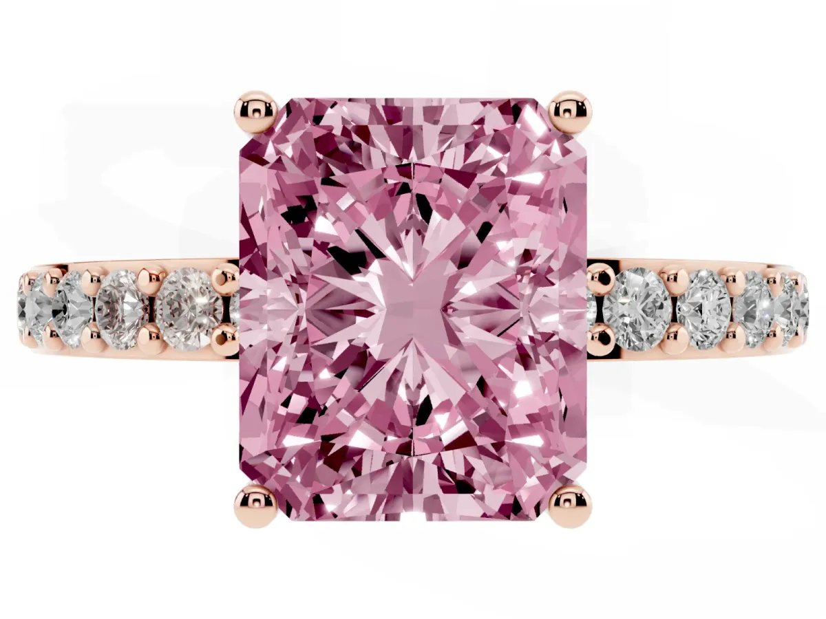 Fancy Pink Radiant Cut Cut Diamond Solitaire with Pave Band and Four-Prong Setting Rose gold