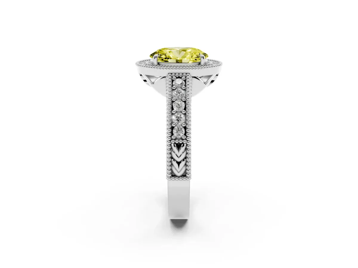 Fancy Yellow Oval Cut Cut Halo Diamond Ring with Pavé Band and Four-Prong Setting White gold