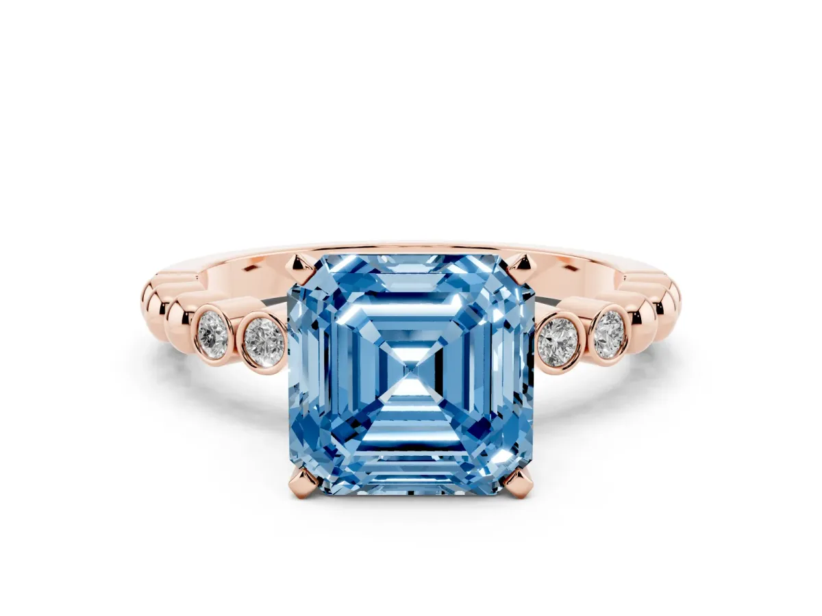 Fancy Blue Asscher Cut Solitaire Bezel Accent Diamond Engagement Ring with Beaded Band and Four-Prong Setting Rose gold